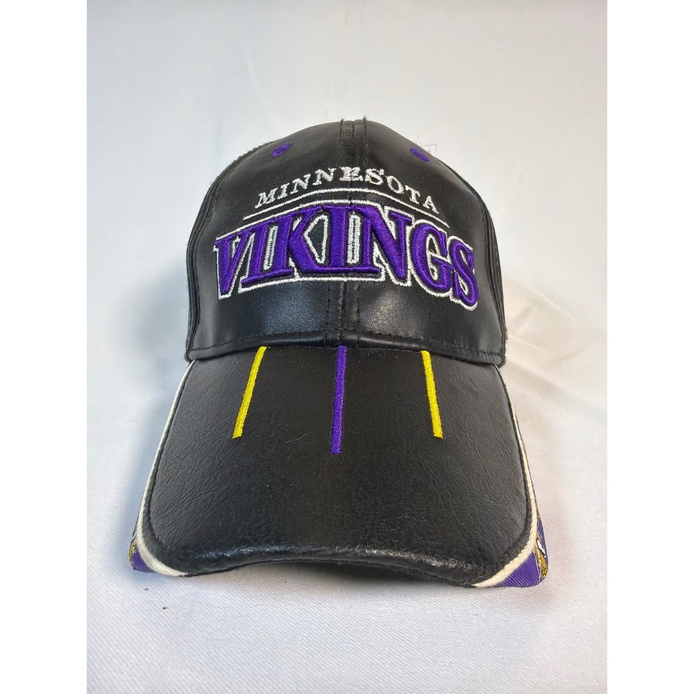 Vintage Reebok Minnesota Vikings Hat Mens Blk 100% Leather NFL Strapback Cap NWT
